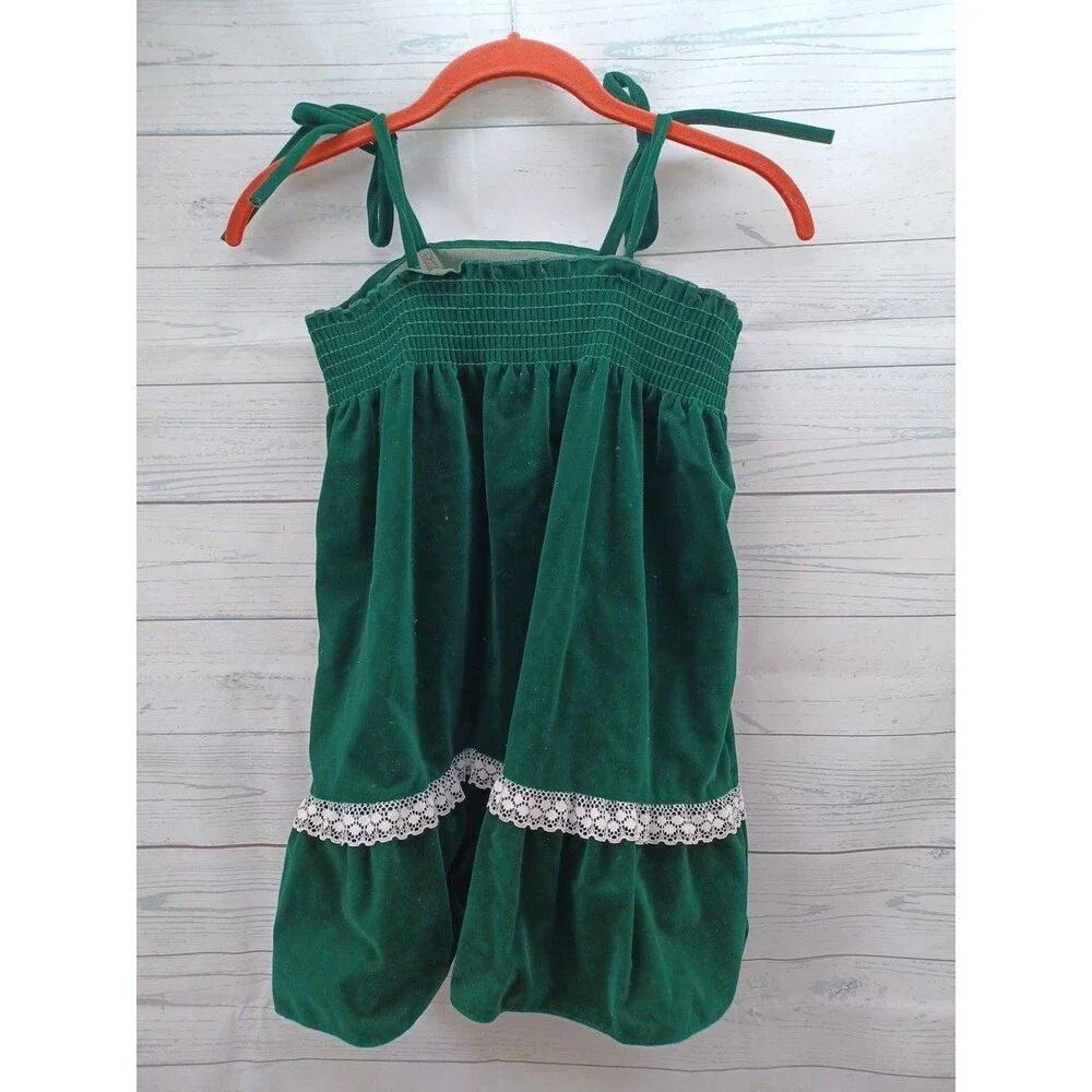 Vtg 60s Girls Emerald Green Velvet Dress Sz 7 Lace Spaghetti Straps Cottagecore - Picture 3 of 6